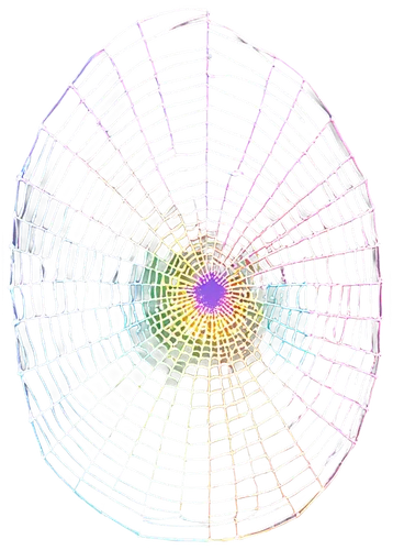 Rainbow colored spider web, intricate pattern, dew drops, morning sun, vibrant colors, iridescent sheen, delicate threads, symmetrical shape, macro shot, shallow depth of field, warm lighting, 3/4 com