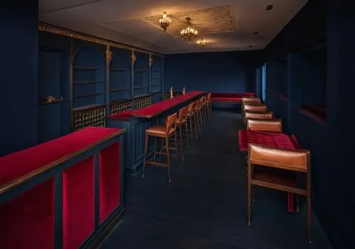 a long room with red velvet seats and gold trim,piano bar,bar counter,bar,liquor bar,wardroom,speakeasy,Photography,General,Realistic