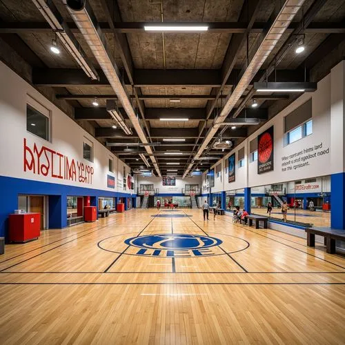 Modern gymnasium interior, polished hardwood flooring, bright colored walls, motivational quotes, sports-themed murals, suspended LED lighting, metallic accents, industrial-style ductwork, exposed con