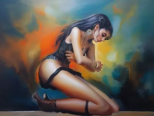 oil painting on canvas,oil painting,art painting,oil on canvas,neon body painting,bodypainting,fire-eater,oil paint,painting work,meticulous painting,fire artist,girl sitting,fire eater,chalk drawing,