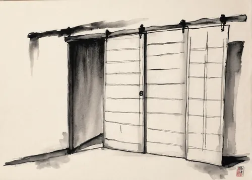 window with shutters,sheds,wooden shutters,shed,wooden hut,garden shed,charcoal,shutters,roller shutter,pencil frame,screen door,garage door,wooden windows,outhouse,container,sliding door,door-container,boat shed,wooden door,sheet drawing,Illustration,Paper based,Paper Based 30