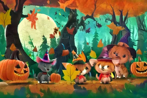 An animated video showing a kitten, a puppy, a mouse dressed as a pumpkin, and a miniature elephant wearing a witch's hat walking together through an enchanted forest. The animation should show the an