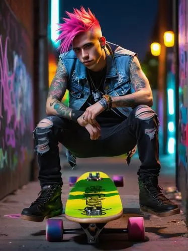 Trippy Bart, male, punk rock style, bright pink spiky hair, black eyeliner, pierced nose, sleeveless denim jacket, ripped jeans, black leather boots, holding a skateboard, leaning against a graffiti-c