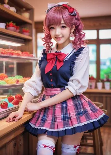 Anime girl, sweet Lolita, holding, chocolate covered strawberry, pink hair clips, curly brown hair, big bright eyes, rosy cheeks, cute smile, white blouse, red tie, plaid skirt, knee-high socks, brown