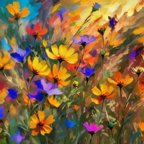 a colorful abstract background with colorful wildflowers ,an abstract painting of wild flowers in a meadow,wildflowers,yellow cosmos,flower painting,wildflower meadow,flower meadow,cosmos autumn,Conce