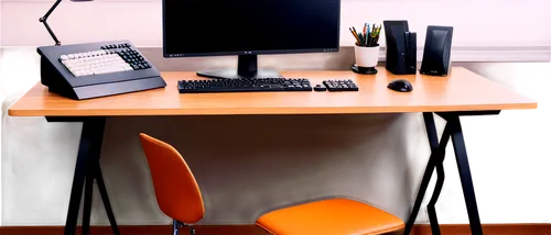 Modern wooden desk, rectangular shape, smooth surface, rounded edges, metal legs, ergonomic chair, keyboard, mouse, monitor, office supplies, messy workspace, 3/4 composition, softbox lighting, shallo