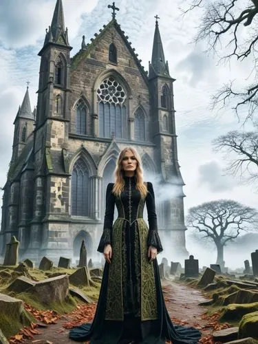 Gothic church façade without any personnel,a woman wearing black is standing in front of an old church,gothic woman,gothic portrait,gothic style,northumbria,gothic,morgause