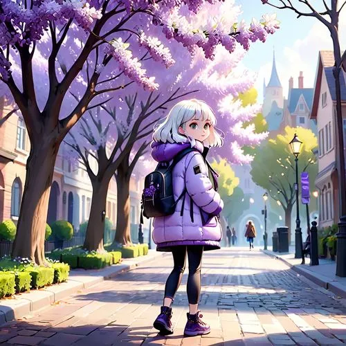 a girl with white hairs in lilac winter puffy jacket walk in the street with a lilac backpack, she walk in a street with lilac trees and lilac leafs,a young woman with long white hair wearing a purple