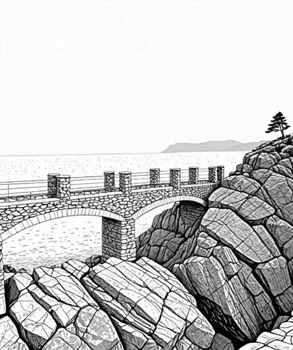 this drawing is drawn by hand with a pen,stone bridge,seawall,drystone,crosshatch,crosshatching,rock gate,Design Sketch,Design Sketch,Detailed Outline