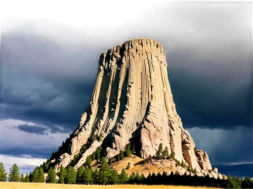 Devil's Tower, National Monument, Wyoming, USA, unique rock formation, towering monolith, 867 feet tall, eerie landscape, ominous atmosphere, dark clouds gathering, dramatic lighting, low-angle shot, 