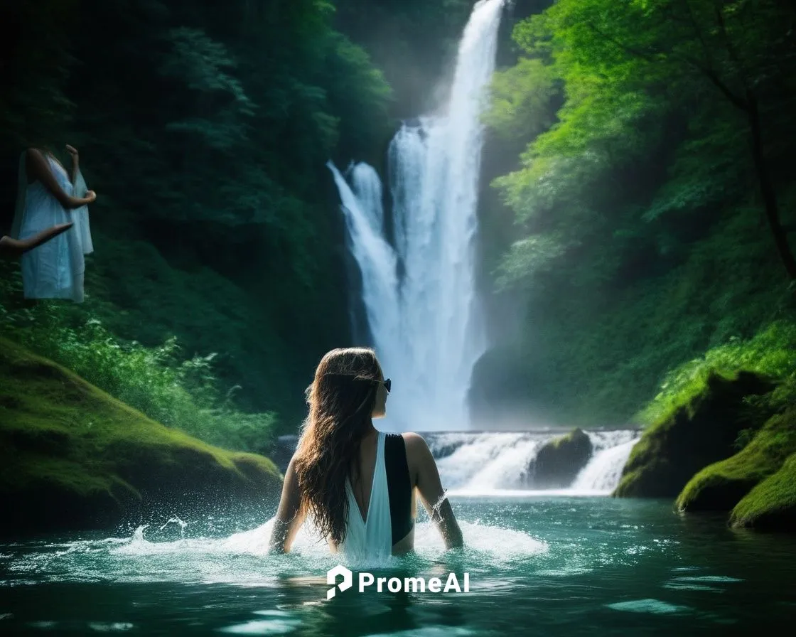 beautiful lady swimming, long hair nice body, white vest in the water, wide view with waterfalls and green forest,kashyyyk,kupala,green waterfall,brown waterfall,dagobah,fantasy picture,waterfall,casc