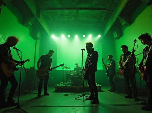 Industrial brutalist music venue, indoor, lime green accent walls, concrete floors, metal beams, spotlights, minimalist stage design, drum set, electric guitars, microphone stands, crowd of people wit