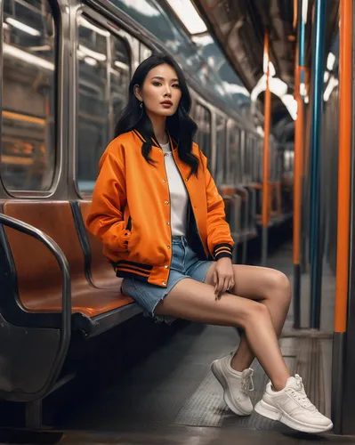 orange color,london underground,orange,the girl at the station,bright orange,orange half,tangerine,fresh orange,metro,orange cream,teal and orange,train seats,warm colors,metro station,yellow orange,asian woman,woman sitting,girl sitting,flxible metro,train way,Photography,General,Natural