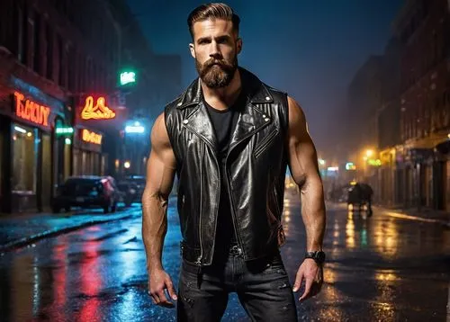 vest,biker,sleeveless shirt,male model,muscle icon,leather,dean razorback,black leather,ballistic vest,jack rose,visual effect lighting,men's wear,edge muscle,men clothes,lincoln blackwood,gosling,leather jacket,motorcyclist,digital compositing,ryan navion,Illustration,Realistic Fantasy,Realistic Fantasy 40