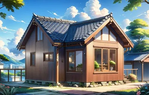 Japanese Anime, Makoto Shinkai Style,a wooden cottage with a small blue roof,wooden house,summer cottage,small cabin,holiday villa,little house,small house,Anime,Anime,Realistic