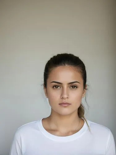 Full-size sample portrait,a girl in white shirt looking at the camera,girl on a white background,kosovan,girl in t-shirt,hande,sevda,kurd,Photography,Documentary Photography,Documentary Photography 07