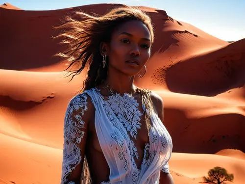 a woman standing in the sand, wearing a dress with open sides and her hair blowing,tassili n'ajjer,tassili,dirie,desert background,girl on the dune,nubian,Illustration,Realistic Fantasy,Realistic Fant