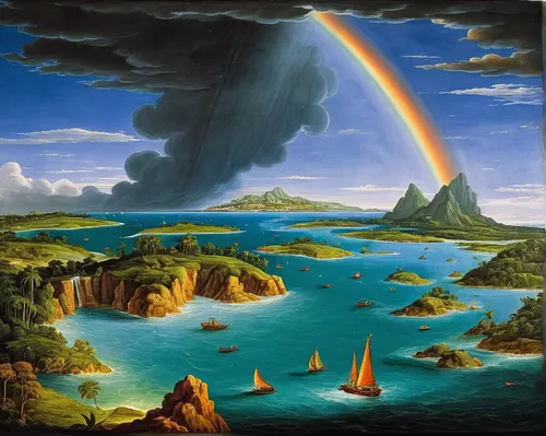 frederic church,rainbow at sea,rainbow bridge,coastal landscape,atmospheric phenomenon,rainbow background,sea landscape,an island far away landscape,landscape with sea,coastal and oceanic landforms,el salvador dali,rainbow world map,island of juist,raimbow,fantasy picture,geological phenomenon,rainbow,meteorological phenomenon,landscape background,archipelago,Art,Classical Oil Painting,Classical Oil Painting 29