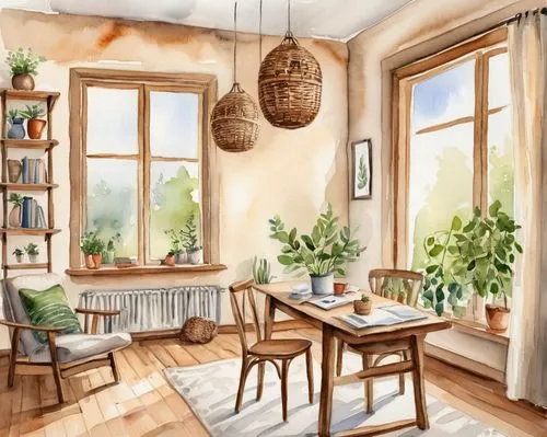 watercolor cafe,watercolor tea shop,sunroom,study room,watercolor background,breakfast room,apartment,wooden windows,shared apartment,an apartment,danish room,roominess,coffee watercolor,home landscape,home corner,kitchen,study,home interior,kitchen interior,working space,Illustration,Paper based,Paper Based 24