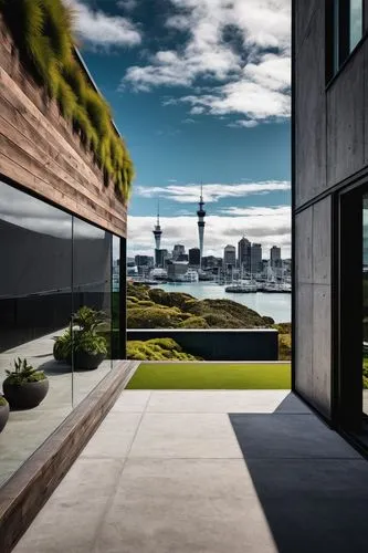 Modern architectural design, New Zealand style, magazine cover, sleek lines, minimalist aesthetic, large windows, natural light, wooden accents, stone walls, green roof, lush foliage, cityscape backgr