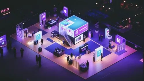 exhibition, trade show, straight edges, blocks, tetris, square, white, purple, high tech, glossy, LED, neon, city, future, frosted glass, slatted wood, people, figures,cinema 4d,computex,ces,cube back