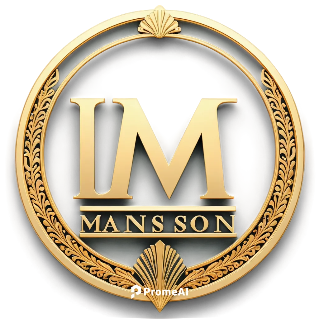 Luxurious mansion, gold logo, modern minimalist design, 3D effects, shiny metal texture, intricate details, circular shape, prominent letter "M", serif font, golden brown color, warm lighting, low-ang