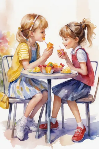 kids illustration,tea party,little girls,painting eggs,apple pair,little boy and girl,children drawing,children girls,color pencils,colour pencils,watercolor painting,colored pencils,girl picking apples,children's hands,coloured pencils,picnic,cream tea,childhood friends,two girls,watercolor pencils,Illustration,Paper based,Paper Based 11