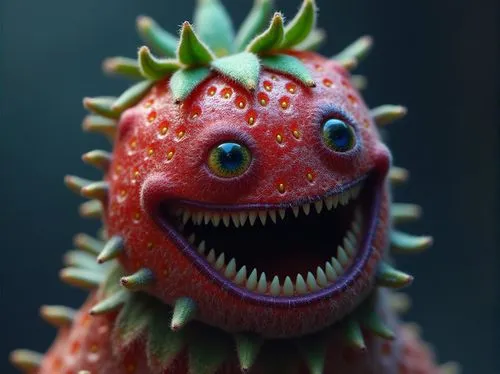 potwór, jedna twarz,truskawkowy,fioletowo-niebieski brzuch,2 usta,kolce,milusi,there is an odd, brightly colored strawberry with its mouth open,chomper,kaiju,frugivore,zygon,teeth,luarsab