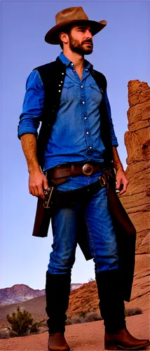 Western movie scene, desert landscape, solo cowboy, rugged facial features, worn leather hat, brown beard, blue denim shirt, faded jeans, leather boots, holster belt, revolver pistol, standing backlit