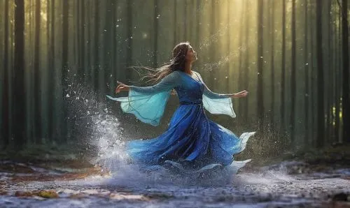 fantasy picture,ballerina in the woods,blue enchantress,riverdance,faerie,throwing leaves,spark of shower,mystical portrait of a girl,fairie,naiad,faery,girl in a long dress,photo manipulation,enchant