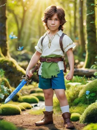 Far Far Away kingdom, Prince Fergus, Shrek's son, 10yo, green skin, messy brown hair, freckles on nose, curious eyes, white shirt, blue shorts, holding a toy sword, standing in front of a swampy backg