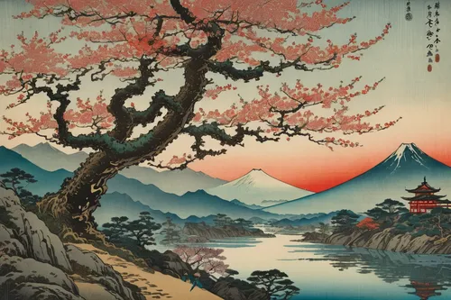 cool woodblock images,japan landscape,japanese art,the japanese tree,oriental painting,mountain scene,woodblock prints,mountain landscape,japanese mountains,japan,japanese background,miyajima,mount scenery,japanese floral background,mountainous landscape,rising sun,red sun,fuji,sakura tree,sakura trees,Conceptual Art,Fantasy,Fantasy 05