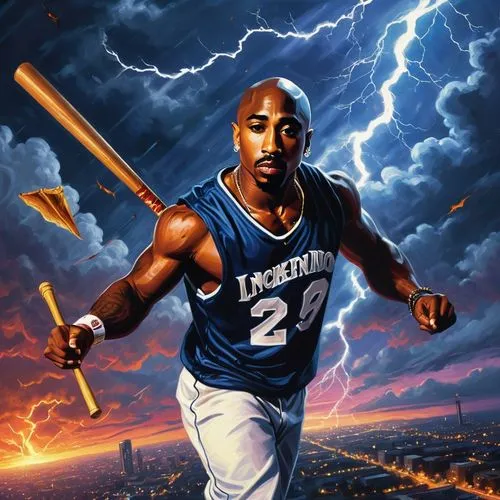 2pac wearing a baseball Jersey with a broken bat he comes out swinging Like Peter McNeely but as Mike Tyson. lightening and thunder storm the field left and right to Killuminati getting clocked Scorpi