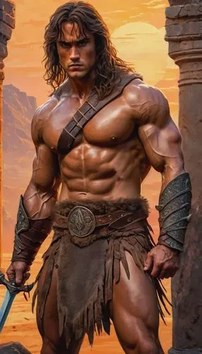 Conan the Barbarian, muscular man, sword in hand, fur loincloth, bronze armor, fierce eyes, messy brown hair, sweat, ripped muscles, standing, heroic pose, ancient ruins, stone pillars, intricate carv