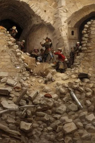 in battle fighting an army of Hajduk soldiers in battle fighting in the 16th century on a ruined castle wall, in the middle of broken down buildings, during a siege in the style of war scenes, Vicente