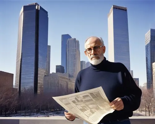 Middle-aged male critic, bespectacled, balding, gray beard, wear a black turtleneck sweater, dark blue jeans, brown leather shoes, hold a rolled-up blueprint, stand in front of a modern skyscraper, ur