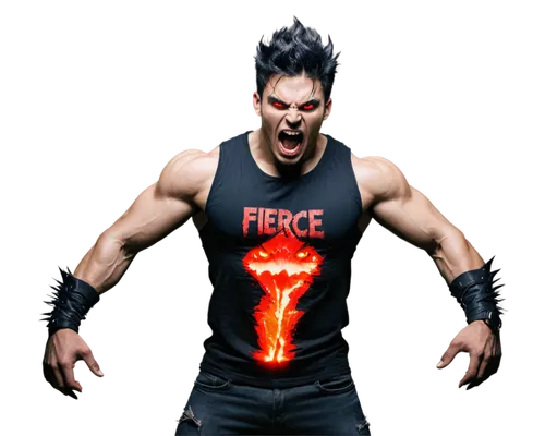 Fierce monster, loud screaming, sharp teeth, glowing red eyes, spiky black hair, muscular arms, ripped skin, torn clothing, standing pose, intense facial expression, dramatic spotlight, high contrast,