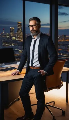 Middle-aged, male, data management and architecture designer, solo, (40yo), glasses, short hair, beard, black suit, white shirt, tie, brown leather belt, black dress shoes, holding a tablet, standing 