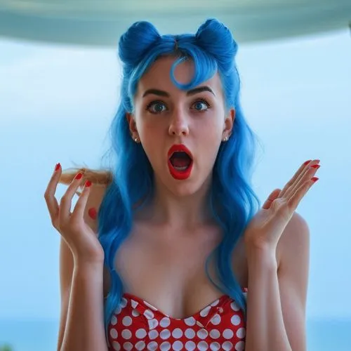  uma moça de cabelos azul, moça admirada, moça surpreendida, vestido vermelho estampado com bolinhas brancas,  arte em  foto realista.,a woman with bright blue hair blowing on her fingers,katy,blue ha