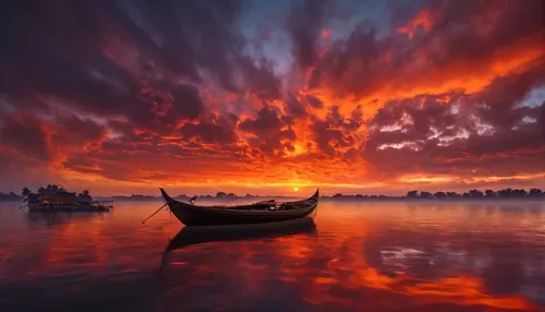 old wooden boat at sunrise,boat landscape,incredible sunset over the lake,viking ship,inle lake,wooden boat,Photography,General,Natural