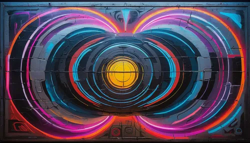 Design a futuristic graffiti artwork on a metallic surface with neon lights reflecting off of it.,electric arc,jukebox,colorful spiral,portals,time spiral,vortex,portal,concentric,wormhole,aura,magnet