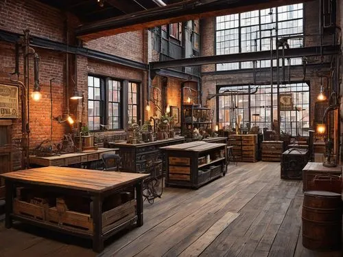 Industrial-chic architectural salvage store, Chicago, urban loft setting, reclaimed wood accents, exposed brick walls, metal beams, vintage decorative items, distressed finishes, eclectic mix of antiq