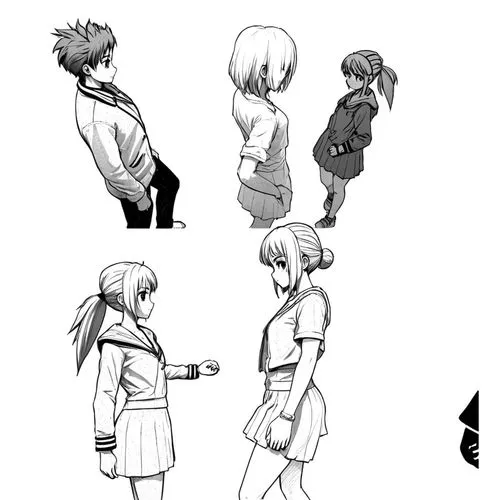 megatokyo,backs,fighting poses,stand models,tsukihime,hairstyles,Design Sketch,Design Sketch,Black and white Comic