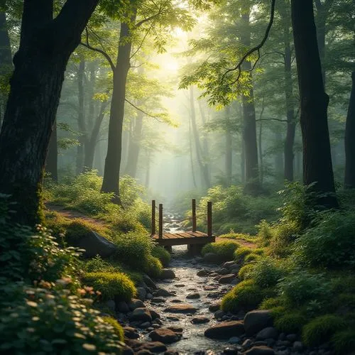 Peaceful forest surroundings, serene atmosphere, gentle mist, warm sunlight filtering through trees, a variety of vibrant greenery, tall trees with thick trunks, moss-covered stones, a winding dirt pa