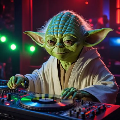 Yoda from Star Wars smiling with bright eyes looking very pleased as a DJ in a nightclub.,disc jockey,dj,disk jockey,yoda,mixing engineer,dj equipament,dj party,jedi,cdj,audio engineer,electronic musi