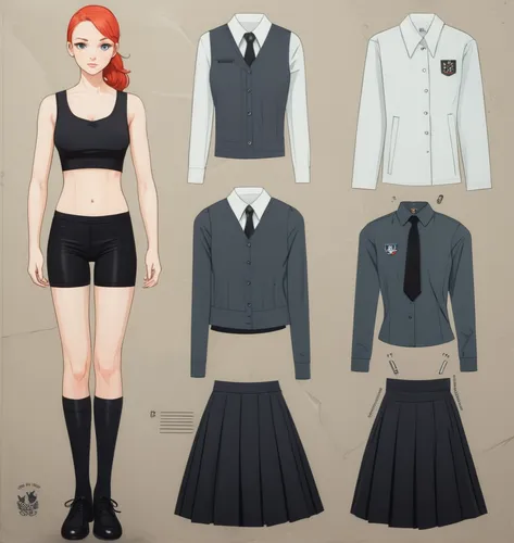 Paper doll British school girl in black sleeveless shirt ,black tight fit spandex shorts with black sock and shoe standing surrounded by with a set of british school uniform, shirt, grey pleated skirt