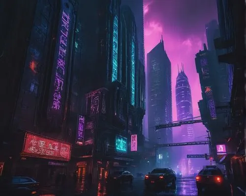 cyberpunk,cybercity,vapor,bladerunner,cityscape,guangzhou,shanghai,shinjuku,metropolis,colorful city,fantasy city,dystopian,ultraviolet,cybertown,urban,dystopias,tokyo city,atmospheres,kowloon,futuristic landscape,Illustration,Realistic Fantasy,Realistic Fantasy 47