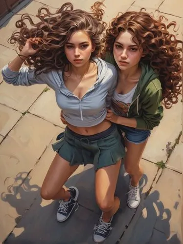 adolescentes,two girls,donsky,runaways,reinas,bookrunners,wlw,young women,sci fiction illustration,doppelgangers,kids illustration,cholas,pelo,temporals,little girls walking,pedestrians,computadoras,doppelganger,maidens,companias,Conceptual Art,Fantasy,Fantasy 15