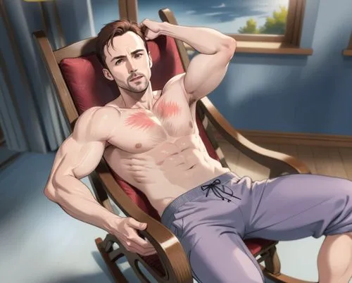 nick blood shirtless wearing sweatpants, shirtless, shiny body sitting on rocking chair,a man lays on a chair as he holds his hands behind his head,male poses for drawing,zacchara,male elf,cuttyhunk,o