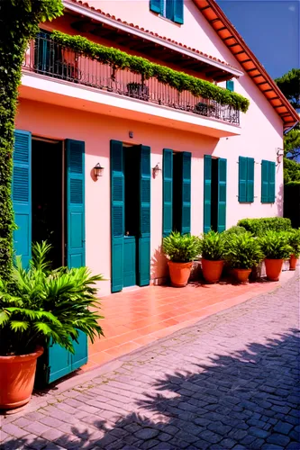 Luxurious villa, Forte Dei Marmi, Italian seaside town, sunny day, blue sky, white buildings, green shutters, terracotta roof tiles, lush greenery, palm trees, cobbled streets, upscale outdoor furnitu